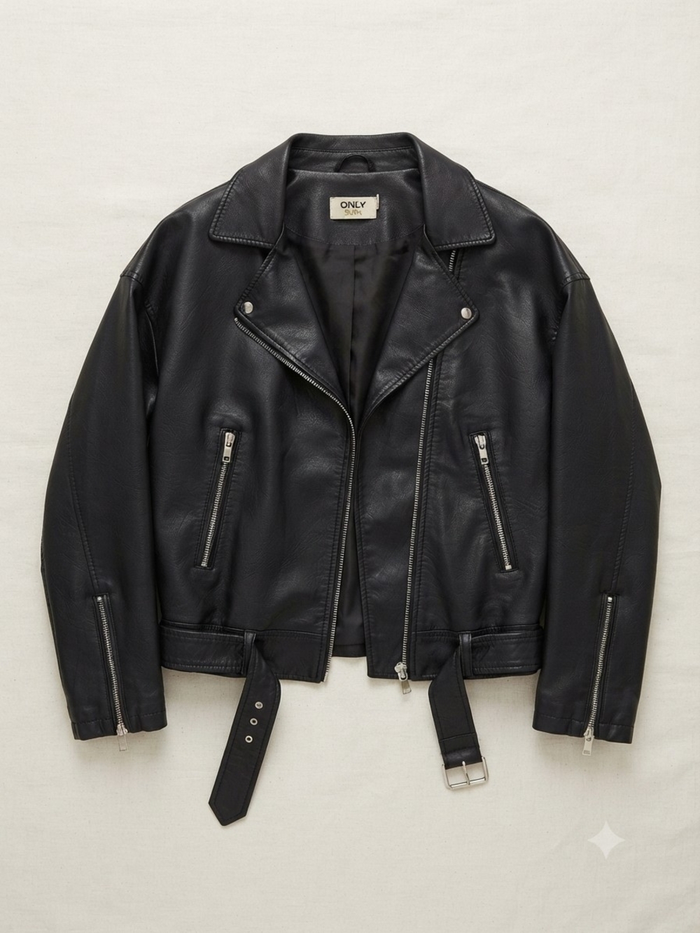 ONLY Black Leather Moto Jacket with Belted Hem